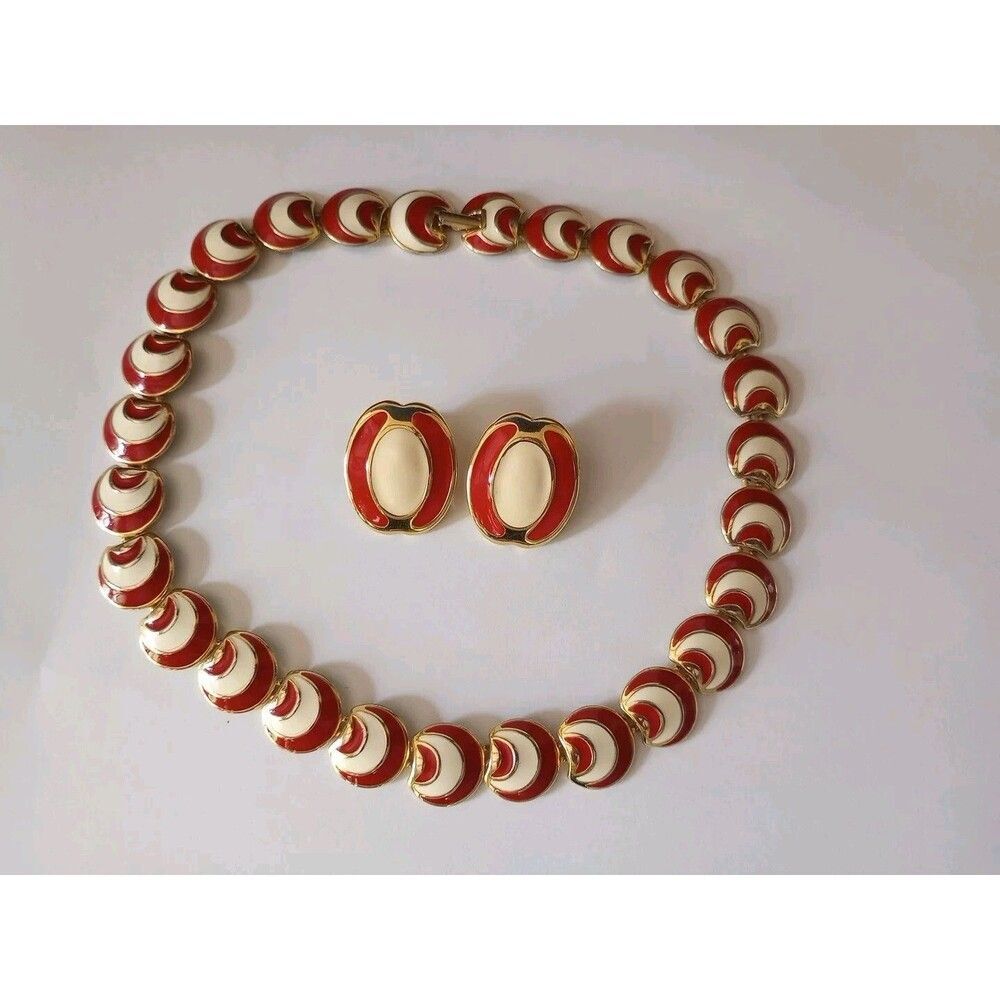 Vintage Monet Enamel Collar Necklace Clip Earrings Red Cream 80s Deco Style